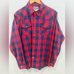 Wrangler Mens Large Western Rodeo Red Plaid Pearl Snap Button Shirt